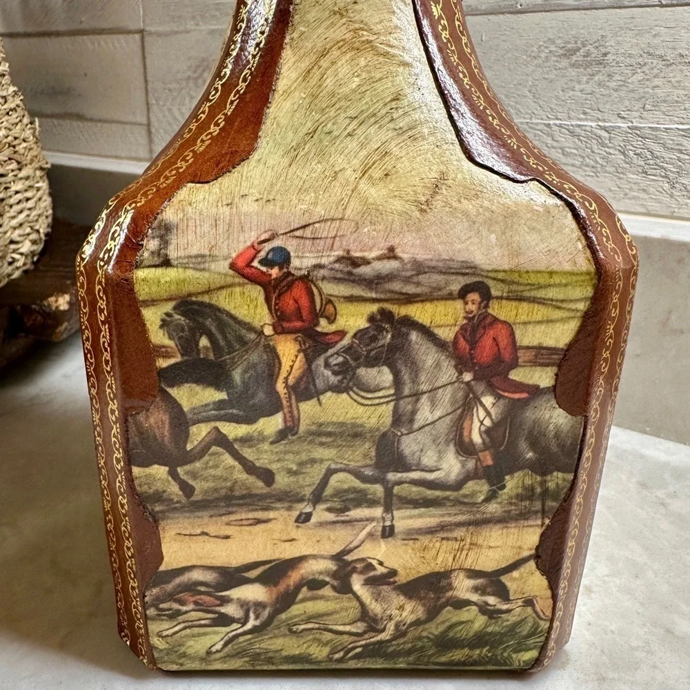 VINTAGE, GENUINE ITALIAN LEATHER-WRAPPED, EMPTY, GLASS LIQUOR DECANTER.